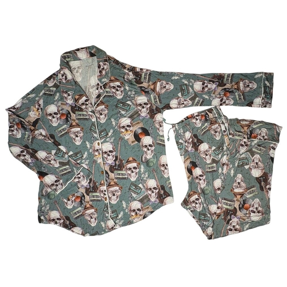 Posh Peanut Bamboo Sheldon Skull Lounge Pajama Pant Set Long Sleeves 2XL Green